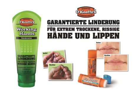 O’Keeffe’s Working Hands Tube und Lip Repair jetzt über GEHE Pharma Handel erhältlich