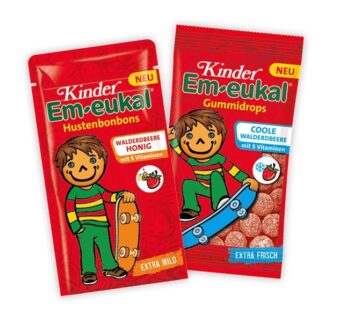 Kinder Em-eukal präsentiert sich neu mit Walderdbeere und aktivem Felix