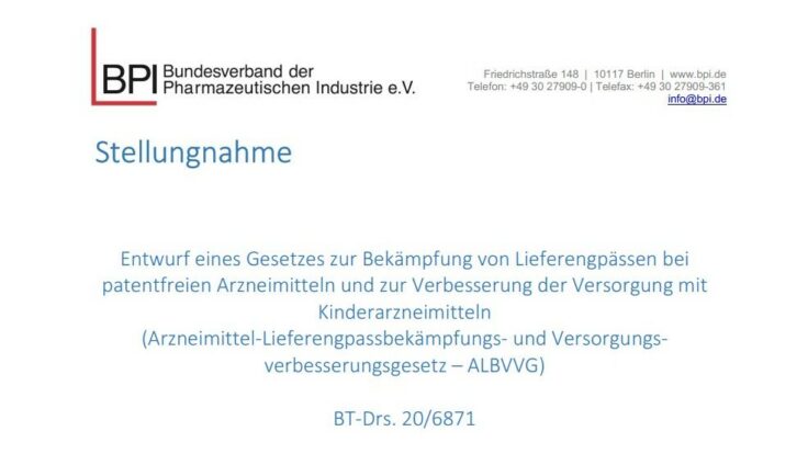 BPI zum ALBVVG-Gesetzgebungsverfahren: Jetzt die Chance im Kampf gegen Arzneimittel-Engpässe nutzen!