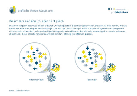 Das Gesundheitsministerium hat einen G-BA-Beschluss beanstandet, in dem von „wirkstoffgleichen“ Biosimilars die Rede ist. Warum Biosimilars ähnlich, aber nicht gleich sind, erklärt unsere Grafik des Monats August.