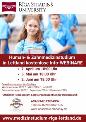 Bewerbung für das Medizinstudium an der Riga Stradins University mit Beginn zum Wintersemester 2025: kostenlose Beratung und Webinare 