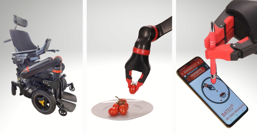 BATEO-Armroboter: smarter Roboterarm am Rollstuhl, per App steuerbar für Greifen, Essen, Schreiben und Alltagshilfe.