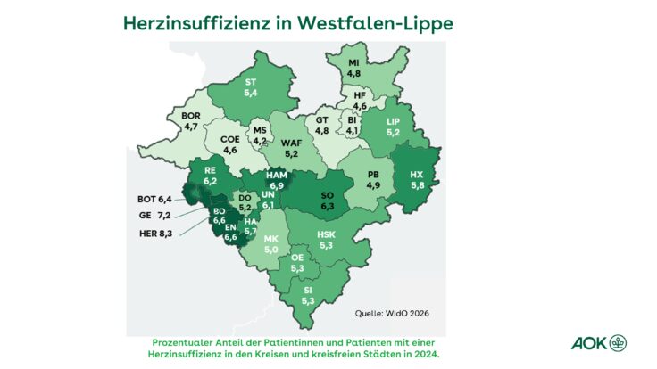 AOK-Gesundheitsatlas: 316.800 Menschen in Westfalen-Lippe leiden an einer Herzinsuffizienz